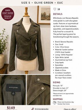 Banana Republic Olive Green Suede Moto Jacket Small Goat Suede Leather EUC